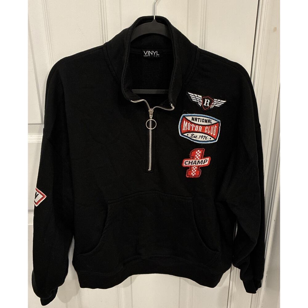Vinyl Icons 1/4 Zip Sweatshirt Womens Medium Black Patch Logo Sleeve Pullover